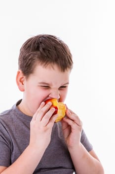 little boy with food isolated on white background - with apple