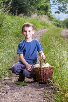 Czech Republic - collecting elder blossom flower - boy with full herbs flower basket on way