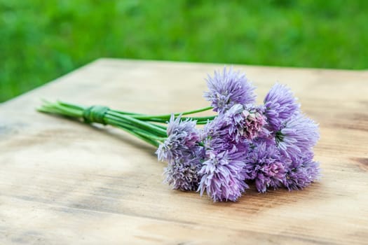 Flower chives tied in a snop on a natural wooden cutting board