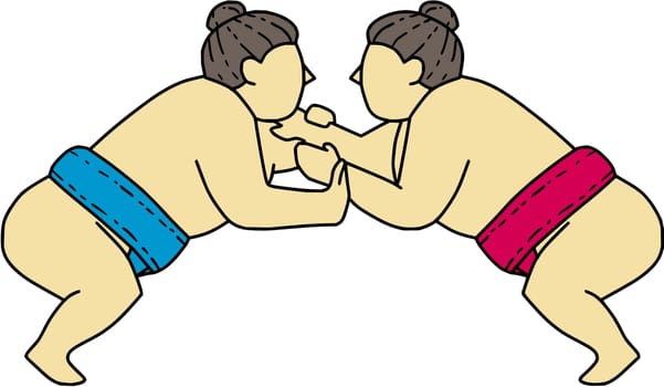 Mono line style illustration of a Japanese rikishi or wrestler, engaging in a match bout of Sumo or sumo wrestling, competitive full-contact wrestling sport viewed from the side set on isolated white background