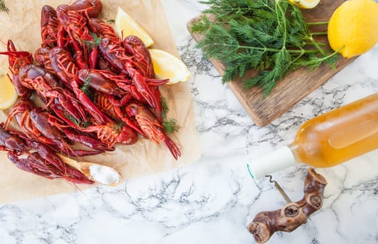 Freshly cooked crayfish with dill and lemon