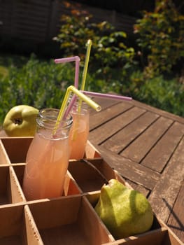 Organic homemade juice in bottles on a garden table