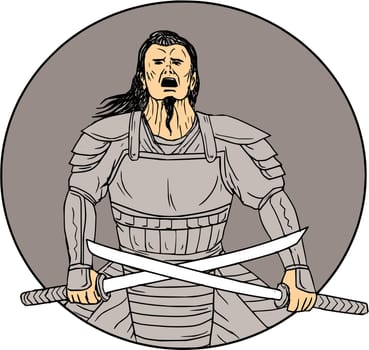 Drawing sketch style illustration of an angry Samurai warrior looking up holding  swords in a cross position viewed from front set inside oval on isolated background.