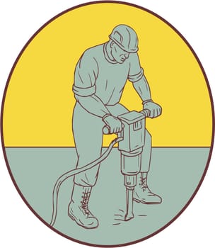 Drawing sketch style illustration of a construction worker operating a jack hammer pneumatic drill drilling excavation work set inside oval shape on isolated background.
