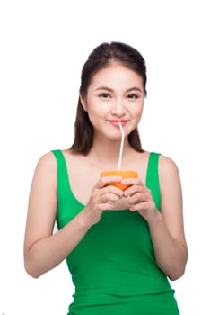 Beautiful asian girl with juice, isolated on white