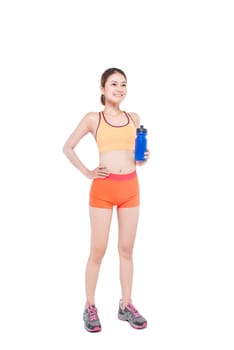 beautiful sporty woman doing exercise, isolated on white background in full length