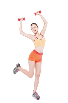 Full body of young cheerful smiling woman with dumbbell. Isolated on white.