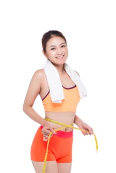 Healthy asian  woman with measure tape on white background. Fitness gym concept