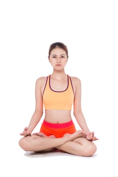 Young woman sitting in lotus position on white.