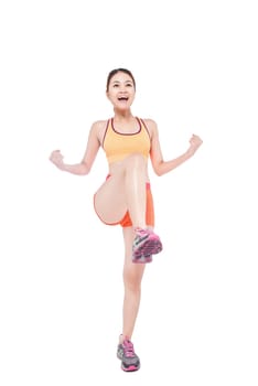 Running fitness asian woman isolated on white background.