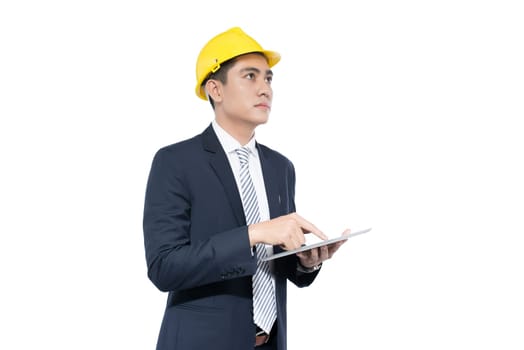 Asian architect engineer manager touching and using tablet.