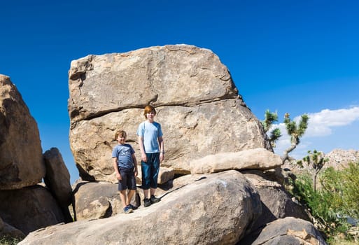 brothers pose on a rock at yoshua tree national park near park boulevard west entrance