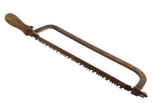 Old rusted hand saw exposed on white background