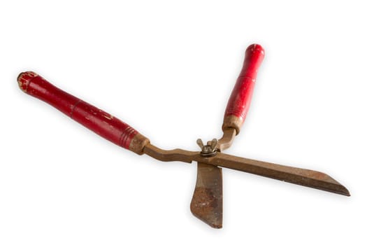 Old rusted hedge trimmers exposed on light rear
