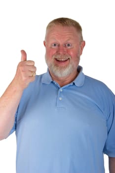 Laughing senior holds thumbs up on a bright background