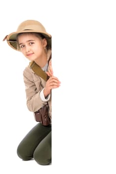 Young girl with safari costume isolated in white