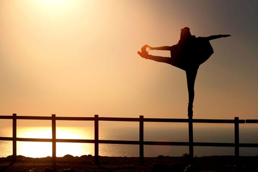 Girl in silhouette over a fence at sunset