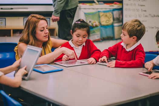 Group of students in a primary school are having a digital tablet lesson with their teacher.