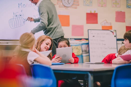 Group of students in a primary school are having a digital tablet lesson with their teacher.