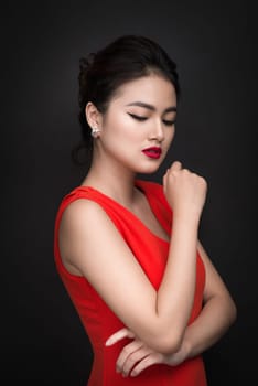 Closeup of beautiful sexy girl with bright makeup and red lips. Beauty fashion asian woman.