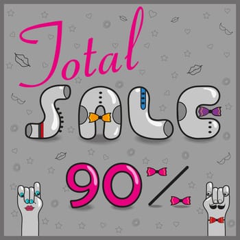 Inscription total sale with hipster style. Ninety percents. Vintage font and cartoon hands looking at each other. Illustration.