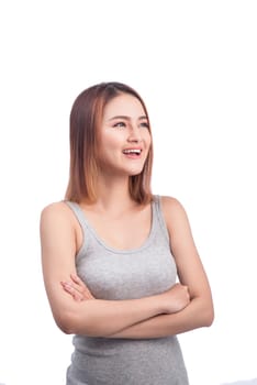 Attractive asian young woman thinking isolated on white background