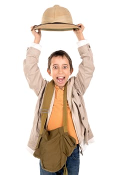 Young boy holding hat in Safari clothes isolated in white