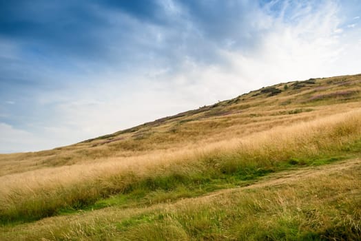 scenic view of beautiful mountain and grass with blue sky, selective focus