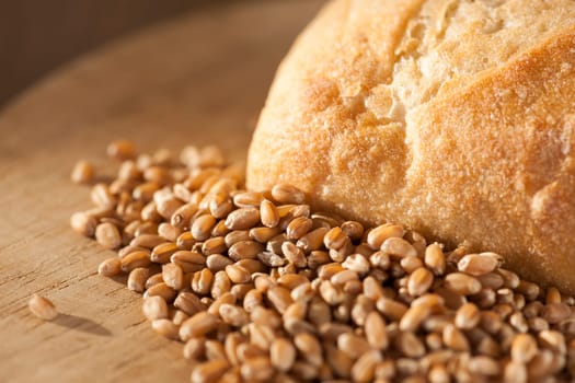 Single roll with spelt grains in front of it on a round breakfast board in the side light.