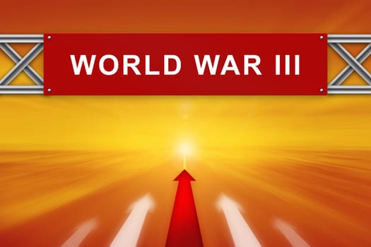 Red arrow and world war III on red road sign with blurred background