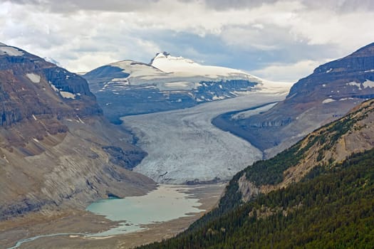 The Saskatchewan Glacier and its valley in the Jasper National Park in Alberta, Canada