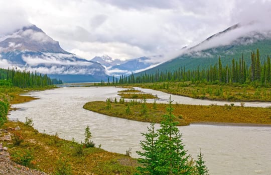 Morning Clouds in the Canadian Rockies near the Athabasca Glacier in Jasper National Park in Alberta, Canada