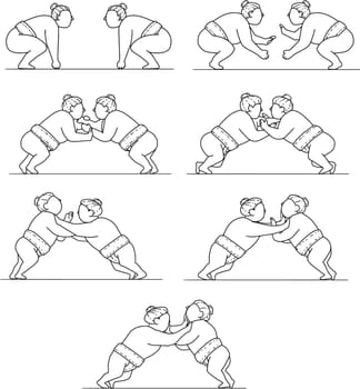 Collection set of illustrations of a Japanese rikishi or wrestler, engaging in a match bout of Sumo or sumo wrestling, competitive full-contact wrestling sport viewed in different movements done in mono line style.