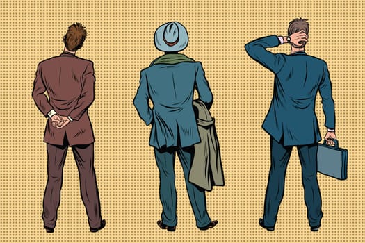 Three retro businessman standing back. Viewers and audience. A set of human shapes silhouettes. Pop art retro vector illustration