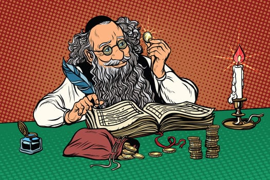 Old Jew with coins. Polish regional holiday. Stereotypes and prejudices. Pop art retro vector illustration