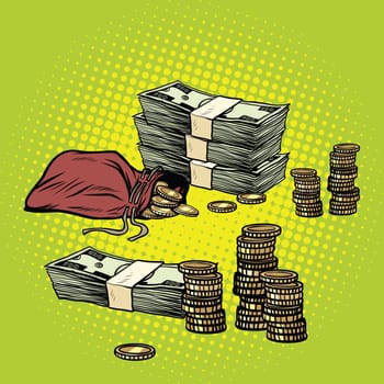 Stack of dollars and Golden coins. Business and Finance. Pop art retro vector illustration