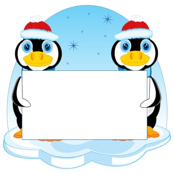 Penguins in hat on block of ice with poster