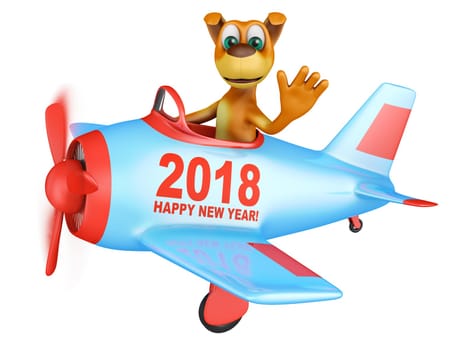 Dog waves his hand in the plane with the inscription Happy New Year 2018. 3D render.