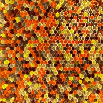 A network of hexagons yellow hue, which change height. 3D render.
