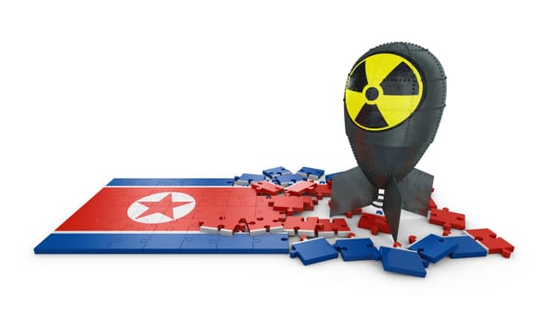 Puzzles with the image of the flag of North Korea and the atomic bomb. 3d rendering.