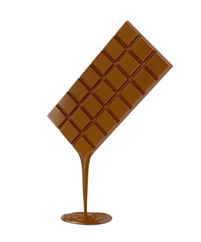 Melted chocolate bar on white background