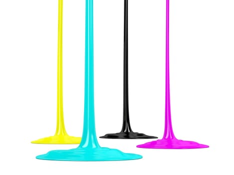 Cyan, magenta, yellow and black inks, dripping on white background