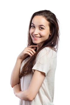Portrait in studio of a cute young woman, isolated on white