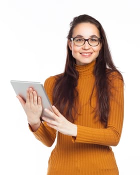 Young woman holding an electronic tablet, isolated on white