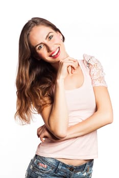 Portrait of a beautiful brunette smiling, isolated on white