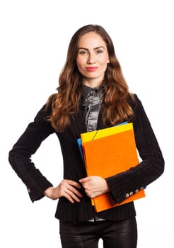 Working girl holding some folders, isolated on white