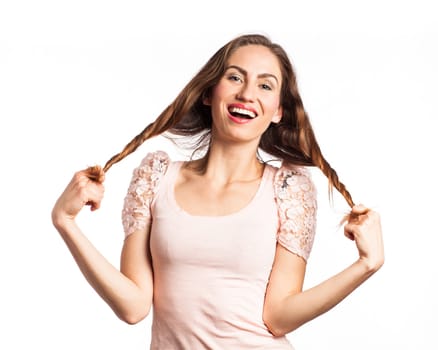 Portrait of a very happy brunette, isolated on white