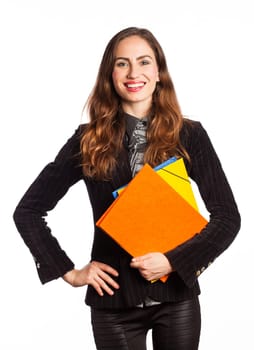 Portrait of a working girl holding some folders, isolated on white