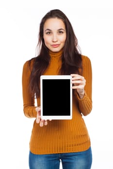 Young brunette showing a blank touchpad, communication concept, isolated on white
