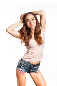 Portrait of a smiling sexy woman, isolated on white